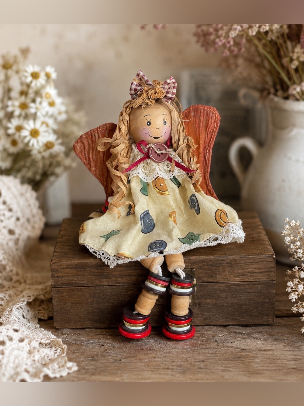 Vintage 1990s Dandee Button Angel Shelf Sitter Cottagecore Decor